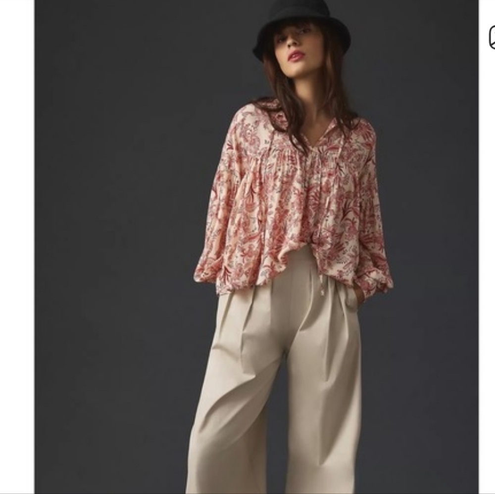 By Anthropologie Tie-Front Peasant Blouse Small